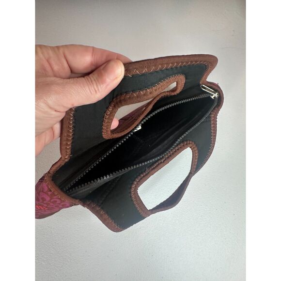 Boho Floral Neoprene Top-Handle Clutch Purse – Brown Pink Purple, Zip - Picture 5 of 6